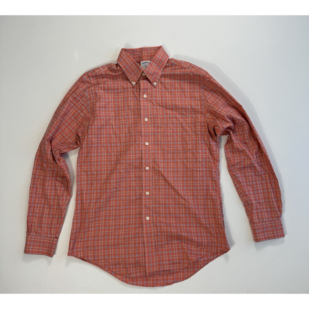 Brooks Brothers 346 Men Medium Slim Fit Button Shirt Plaid Orange Blue Preppy M